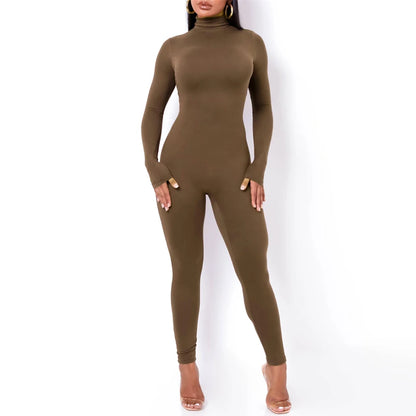 Hugcitar Fall Long Sleeve Solid Turtleneck Sexy Skinny Bodycon Jumpsuit Women Fashion Streetwear Sport Casual Romper Overalls