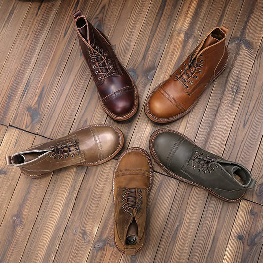 Retro Short Face Men's Winter Wear-resistant Top Layer Cowhide Short Boots Motorcycle Short Boots