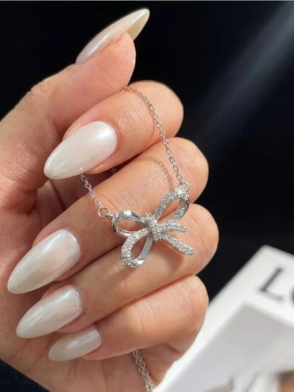 GRA Real Moissanite Diamond Exquisite Beautiful Bowknot Necklace for Women's Anniversary Party 925 Sterling Silver Fine Jewelry