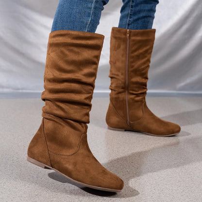 Fashion Faux Suede Mid-calf Boots for Women Plus Size Autumn and Winter New Round Toe Side Zipper Pleated Flat Boots Botas Mujer