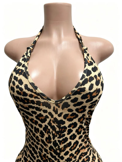 Sexy Halter Backless Bandage Jumpsuit Woman Slim V Neck Leopard Zebra Printed Jumpsuits Women Spring Summer Fashion Streetwear