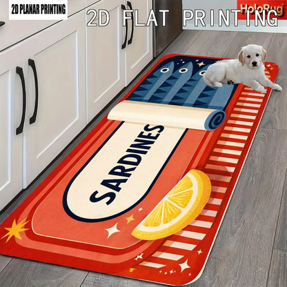Retro Sardine Can with Lemon Print Kitchen Mat, Non-Slip Washable Durable Runner Rug for Kitchen & Coastal Themed Home Decor