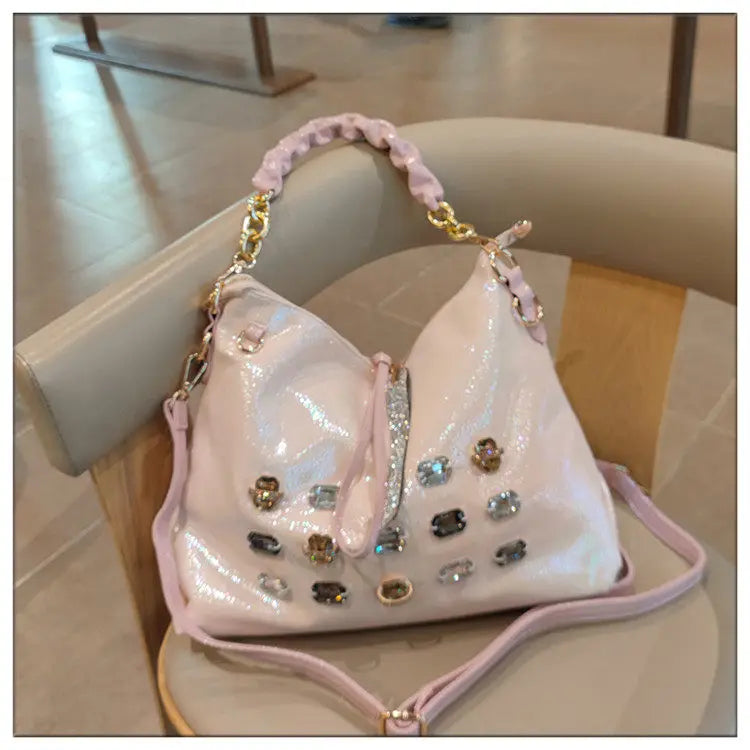 2026 New Fashion Diamonds Women Handbags Genuine Leather Tote Bag Large Capacity Work Commute Leisure Versatile Shoulder Bags