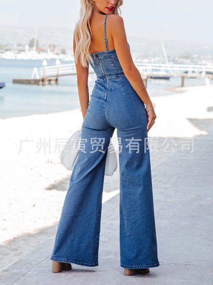 Women Jumpsuits One Piece Denim Washing Rompers Overalls Solid Flare Pants Pockets Spliced Sexy High Waist Boot Cut 2024