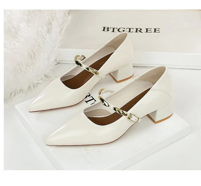 Women Korean Vintage Soft Split Cow Leather Pointed Pumps Simple Single Metal Buckle Strap Mid Chunky Heel Comfort Office Daily