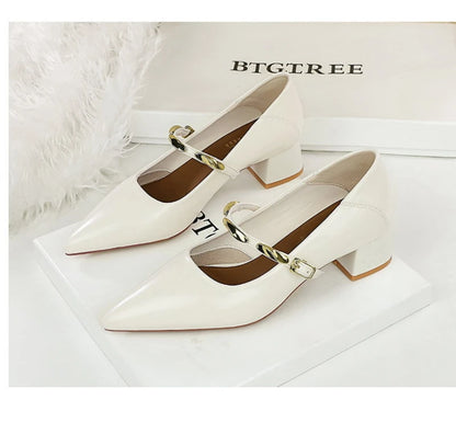Women Korean Vintage Soft Split Cow Leather Pointed Pumps Simple Single Metal Buckle Strap Mid Chunky Heel Comfort Office Daily