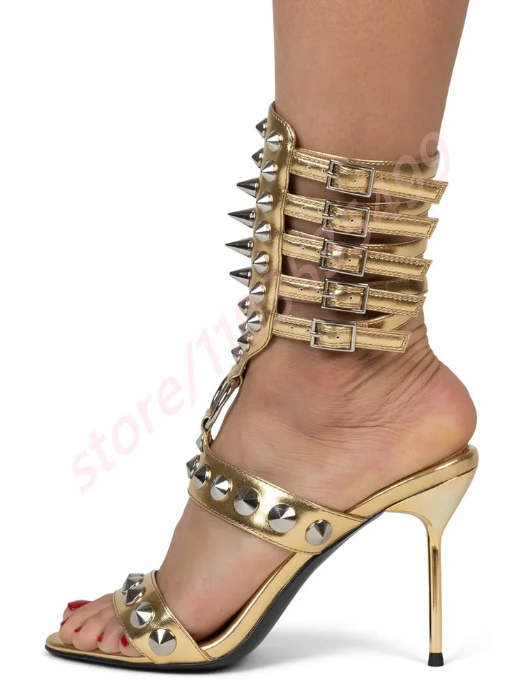 Metal Rivet Open Toe Roman Sandals 2025 Summer New Sexy Catwalk Stiletto Ladies Sandal Ins Style Street Fashion Party Stage Pump