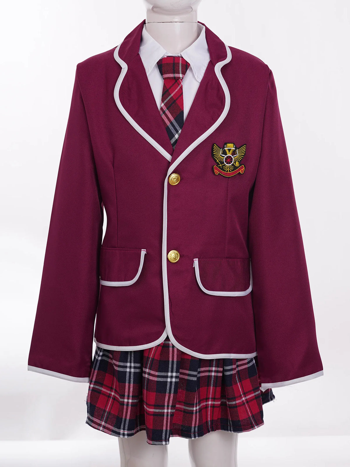 Kids Girls British Style School Uniforms Student Cosplay Anime Costume Suit Long Sleeve Coat With Shirt Tie Mini Skirt Set 4Pcs