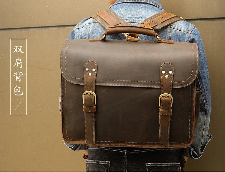 Vintage Crazy Horse Genuine Leather Men Briefcase Large Business Bag Tote Office Bag 15.6“Laptop Case Attache Male Shoulder Bag