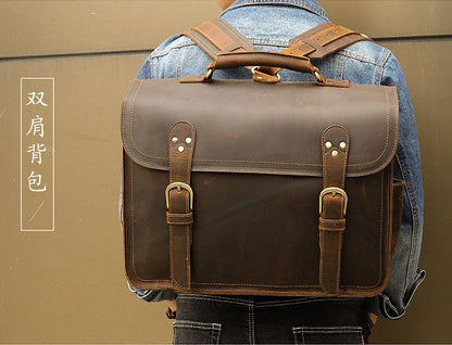 Vintage Crazy Horse Genuine Leather Men Briefcase Large Business Bag Tote Office Bag 15.6“Laptop Case Attache Male Shoulder Bag