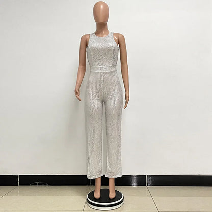 Bling Bling Sequined Club Jumpsuit Sexy Women O-neck Elegant Shiny Sliver Gold Sequins Straight Romper Overalls