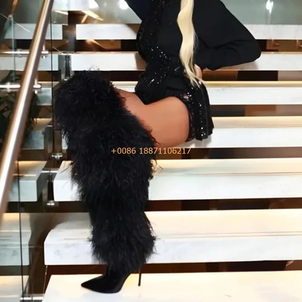 2025 Winter Black Sexy Ladies Catwalk Fur Boots Fashion Street Model Soft Fur Knee-High Stage Boots Pointed Warm Stiletto Boots
