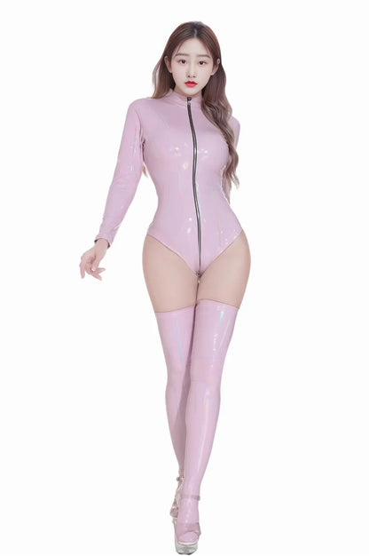 Sexy Women PVC Glossy Shiny High Cut Bodysuit Bandage Leotard Dance Wear Long Sleeve PU Latex Cosplay Maid Tight Catsuit
