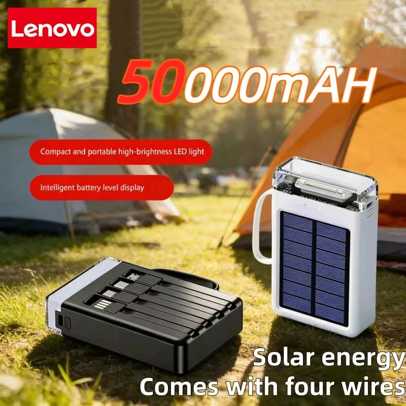 Lenovo 50000mAh Fast Charging solar compact portable LED light mobile power bank built-in cable power bank suitable for iPhone