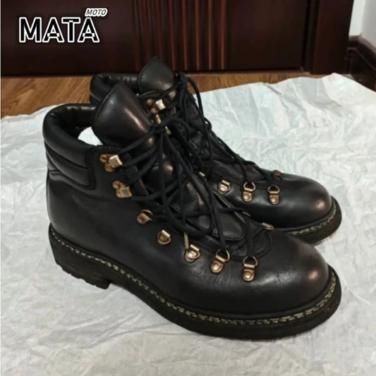 Men's Genuine Leather Motorcycle Boots Mountaineering Shoes Lace-Up Metal Outdoor Mid-calf Western Hiking Boots