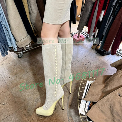Beige Suede Yellow Leather Patchwork Boots Women Elegant Round Toe Button Decor Knee High Heels Streetwear Side Zipper Boots