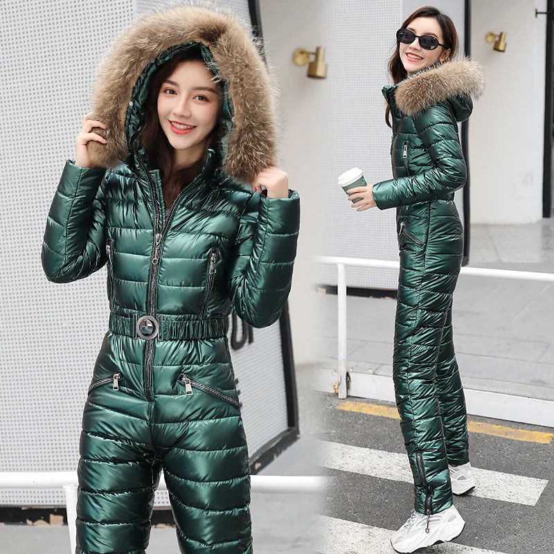 Jumpsuits One Piece Ski Suit Winter Thicken Snow Place Down Cotton Women Suits Warm Hooded Waist Slim Shiny Outdoor Sports