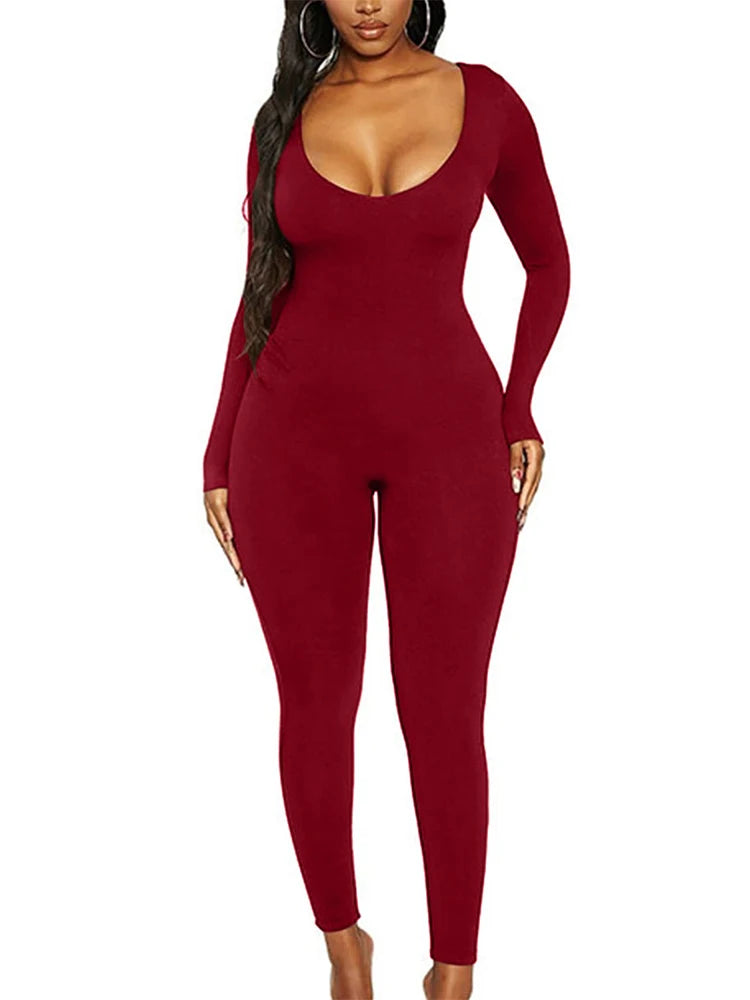 Spring and Summer New Women's Jumpsuit Long Sleeve Solid Color Skinny Jumpsuit Fashion Sports Fitness Jumpsuit Pullover