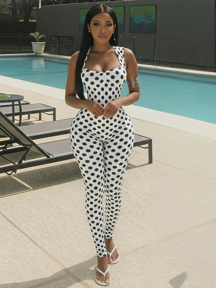 Yomesugar 2026 Summer Women's Polka Dot Printed Backless Jumpsuits Sexy Square Collar Sleeveless Skinny Rompers Party Clubwear