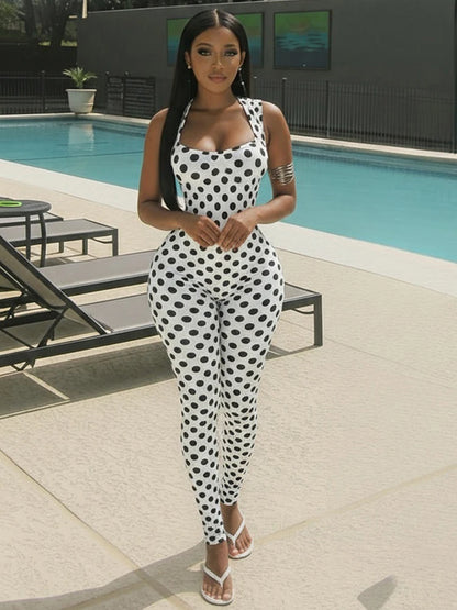 Yomesugar 2026 Summer Women's Polka Dot Printed Backless Jumpsuits Sexy Square Collar Sleeveless Skinny Rompers Party Clubwear