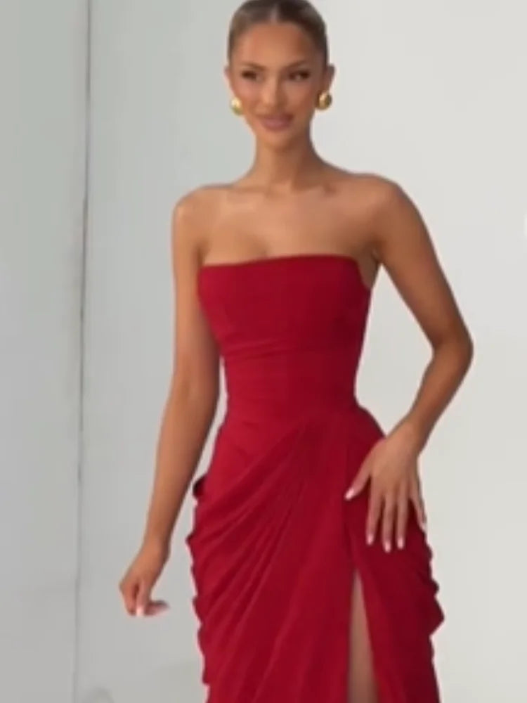 Sexy Solid Pleated Halter Dress Women Fashion Sleeveless Backless Waist-cinching Split Maxi Dresses 2026 Summer Lady Party Gowns