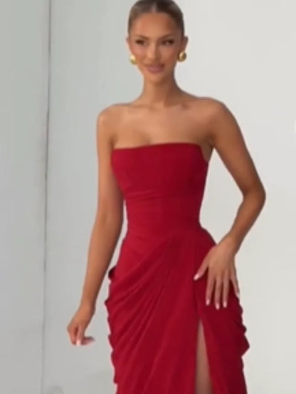 Sexy Solid Pleated Halter Dress Women Fashion Sleeveless Backless Waist-cinching Split Maxi Dresses 2026 Summer Lady Party Gowns