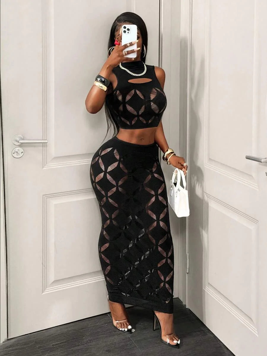 FHSEER Plus Size 2PCS Women's Sexy Set See Through Mesh Hollow Out Crop Tank & High Waist Bodycon Mini Skirt Stretechy Clubwear