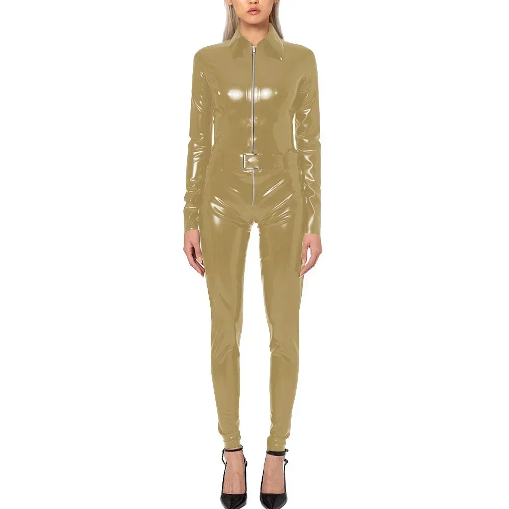 Plus Size Faux Latex Catsuit Elastic PVC Leather Zipper Long Sleeve Jumpsuit Tight Sexy Cosplay Rompers Ankle-length Club Zentai