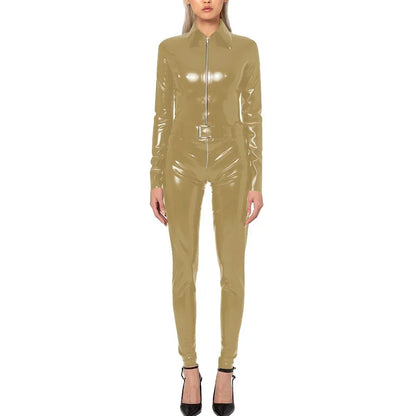 Plus Size Faux Latex Catsuit Elastic PVC Leather Zipper Long Sleeve Jumpsuit Tight Sexy Cosplay Rompers Ankle-length Club Zentai