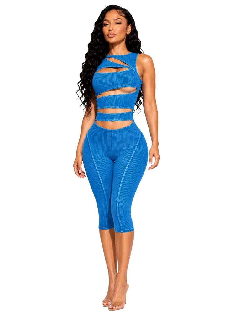FLARORA Fashion Ribber Knitted Capri Jumpsuits Woman Sexy Hollow Out O-neck Sleeveless Zipper Skinny Playsuits Hottie Streetwear