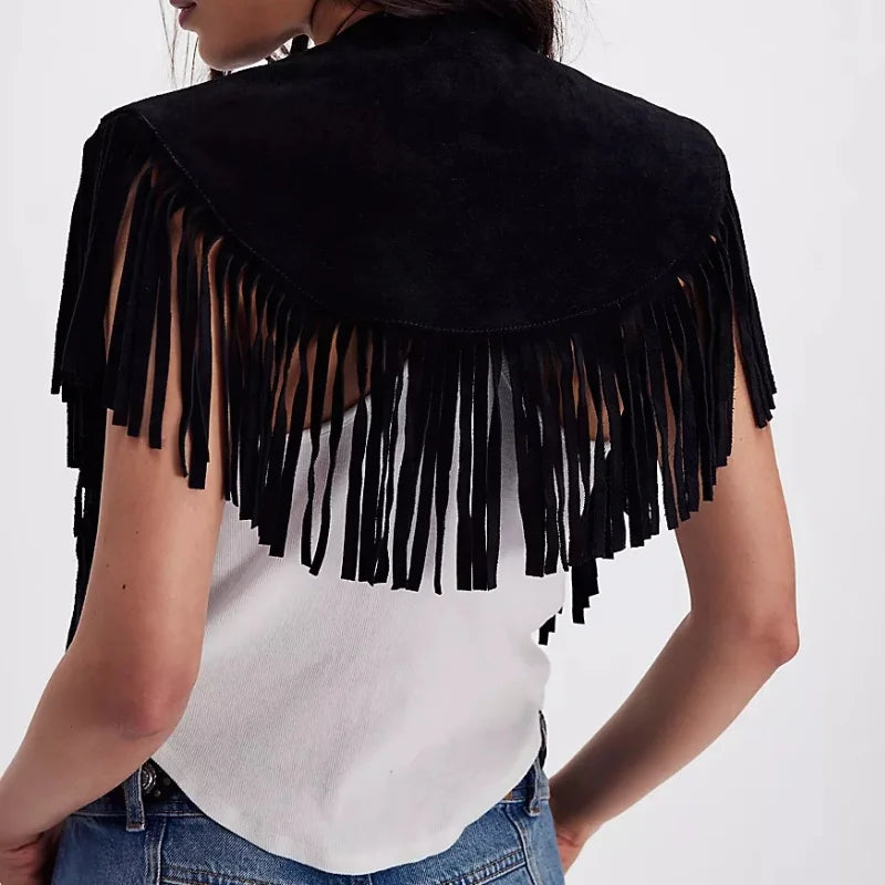 Women Tassel Vest Y2K Sleeveless Fringe Wide Eyes Suede Collar Shawl Open Front Boho Western Jacket Cardigan