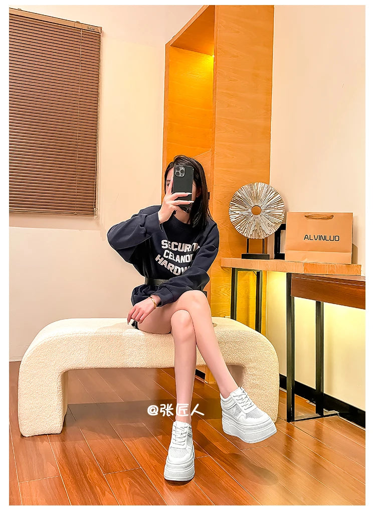 10-14cm Chunky Sneakers Women Platform Shoes Elevator Shoe White Mesh Breathable Sneakers Real Leather Increasing Shoes