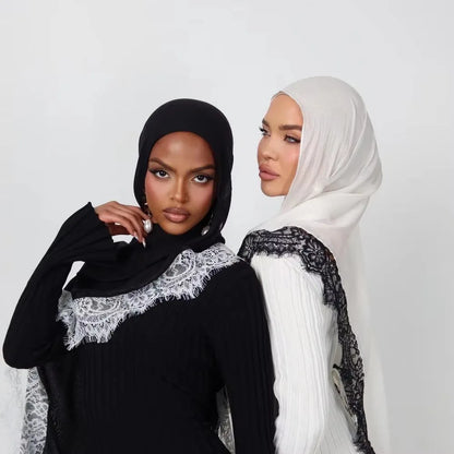 Ramadan Rayon Cotton Modal Hijab Scarf Lace L Edge Splicing Turban Breathable Shawl Cotton Plain Scarf Headscarf Women Hijabs