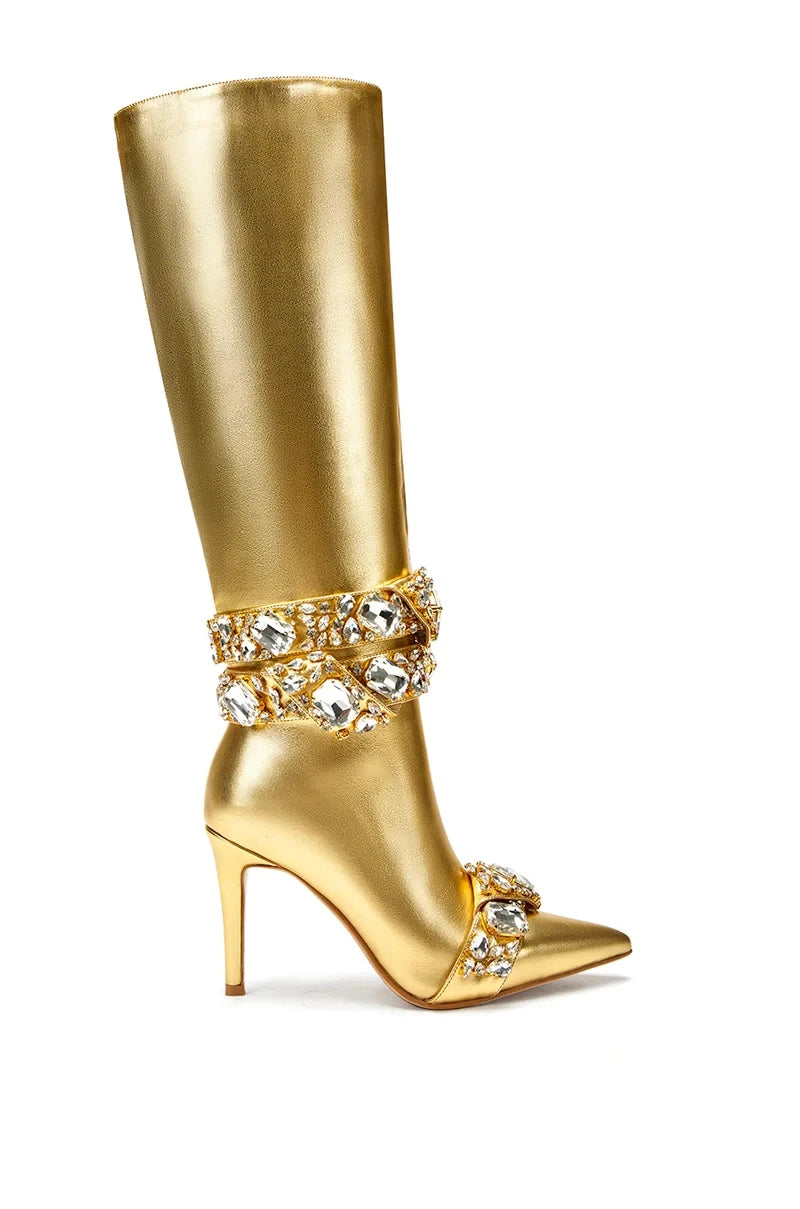 2025 Women's New Pointed Gold Crystal Buckle High Heel Slim Fit Boots Straight Tube Diamond Decoration Knee Long Boots 44