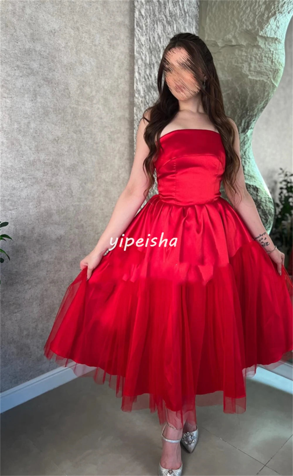 Customized Satin Pleat Wedding Party A-line Strapless Bespoke Occasion Gown Midi Dresses