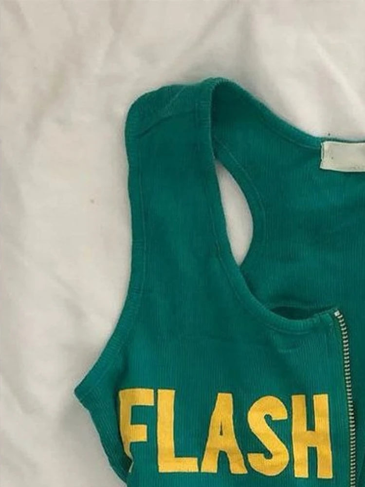 Y2k Aesthetic Letter Print Casual Tank Top Summer Women Streetwear Slim Fit Vest Harajuku Grunge Vintage Dual Zippers Camisole