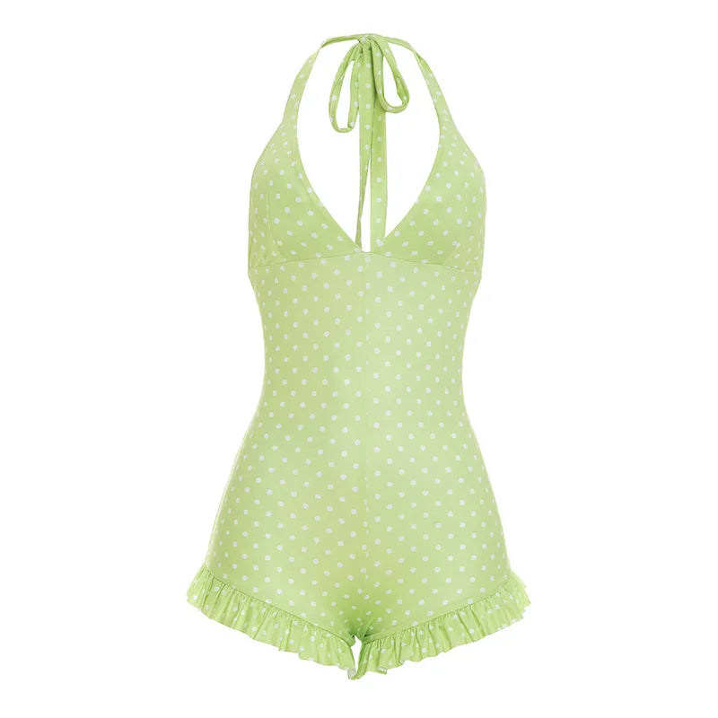 HLJ&GG Sexy Hot Girl Polka Dot Print Ruffle Bodycon One Piece Rompers Women Halter Backless Lace Up Playsuits Fashion Overalls