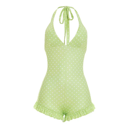 HLJ&GG Sexy Hot Girl Polka Dot Print Ruffle Bodycon One Piece Rompers Women Halter Backless Lace Up Playsuits Fashion Overalls
