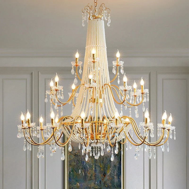French Candle E14 Led Chandelier Villa Stairs Pearl Crystal Led Pendant Lights Hotel Art Decor Suspend Light Led Luminarias