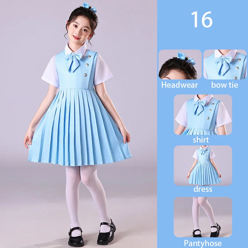 Girls Preppy Style Pleated Jumper Dress Headdress + Bow Tie Pants Suit Children Choir Poetry Performance Fashion School Uniform