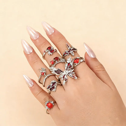  8/10/15/20Pieces Retro Gothic Punk Red Butterfly Rings For Women Mix Style Vintage Skull Heart Stackable Jewelry Party Gifts