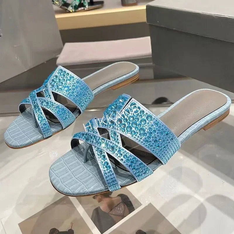 Summer New Luxury Rhinestone Decor Flat Slippers Women's Open Toe Hollow Out Casual Sandals Outdoor Vacation Beach Shoes 2024