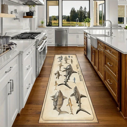 Retro Vintage Various Shark Species Print Long Runner Rug, Non-Slip Washable Rug for Kitchen, Entryway, Bathroom & Living Room
