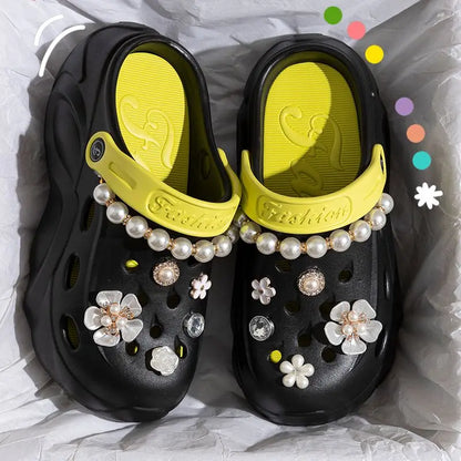 Luxury DIY Pearl Chain Non Slip Clogs Women Summer 2026 Comfort Platform Slip On Sandals EVA Thick Bottom Outdoor Slippers Shoes