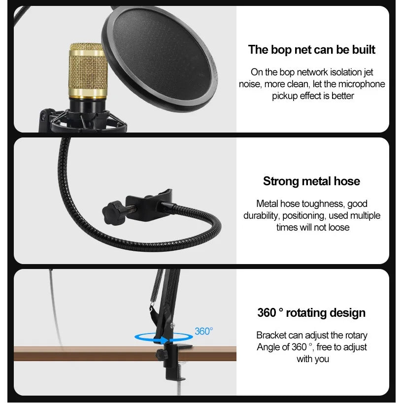 BM800 Condenser Alloy Microphone Kit Professional Sound Card Arm Bracket Set V8 Studio Mixer Live Soundcard Singing Record Mic