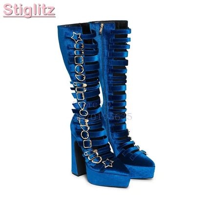 Blue Velvet Irregular Buckle Knee-high Boots Pointed  Toe Side Zipper Chunky High Heels Boots 2026 Summer New Women Punk Shoes