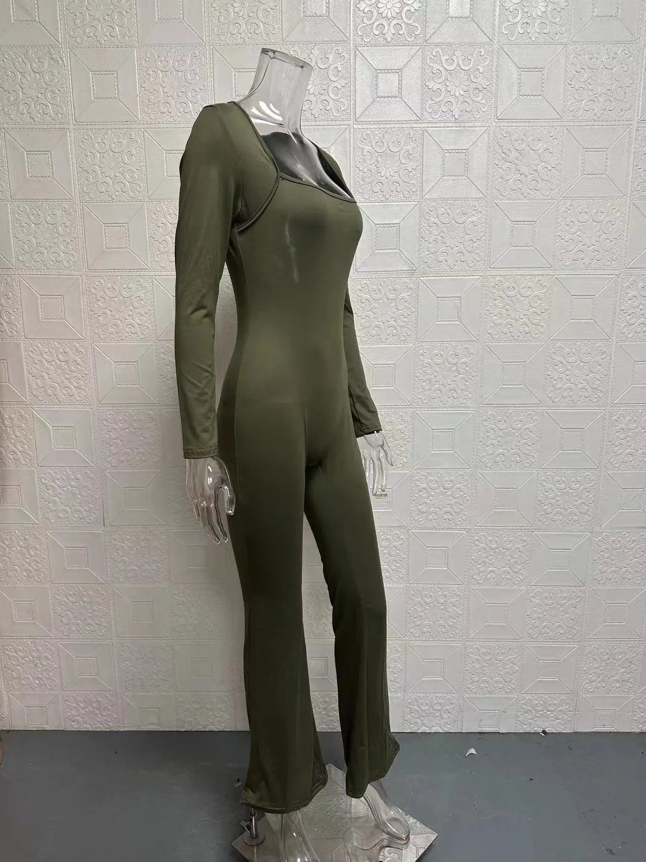 Foreign Trade Women's Long Sleeved Waist Cinching and Waist Lifting Square Collar Wide Leg High Elastic Jumpsuit