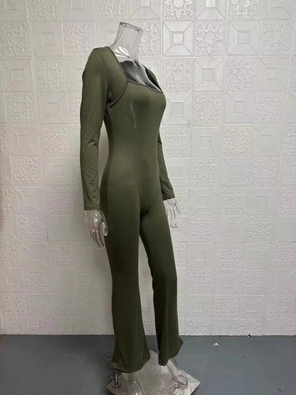 Foreign Trade Women's Long Sleeved Waist Cinching and Waist Lifting Square Collar Wide Leg High Elastic Jumpsuit