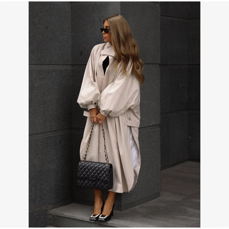 Women's Brown Stand Up Collar Long Long Trench Coat  Lantern Sleeve Side Slit Loose Windbreaker 2026 Spring Autumn Fashion Coat
