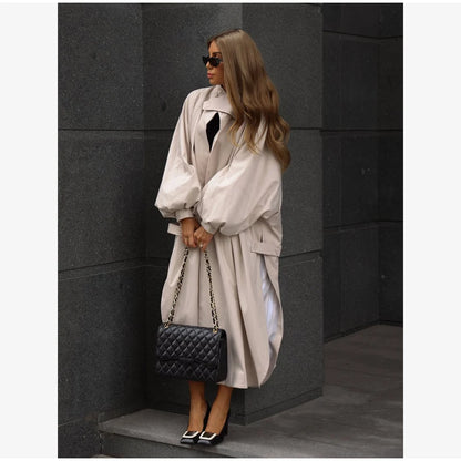 Women's Brown Stand Up Collar Long Long Trench Coat  Lantern Sleeve Side Slit Loose Windbreaker 2026 Spring Autumn Fashion Coat